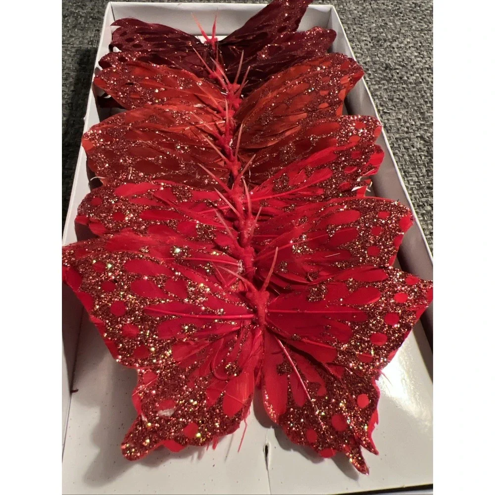 Butterflies Dark Burgundy Red Wired‎ Painted Feather Glitter 5